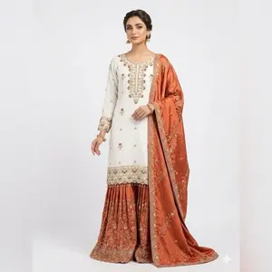 Indian Gharara Suits - White Top with Green Skirt & Matching Dupatta - Traditional Wear Dress Casual Womenswear
