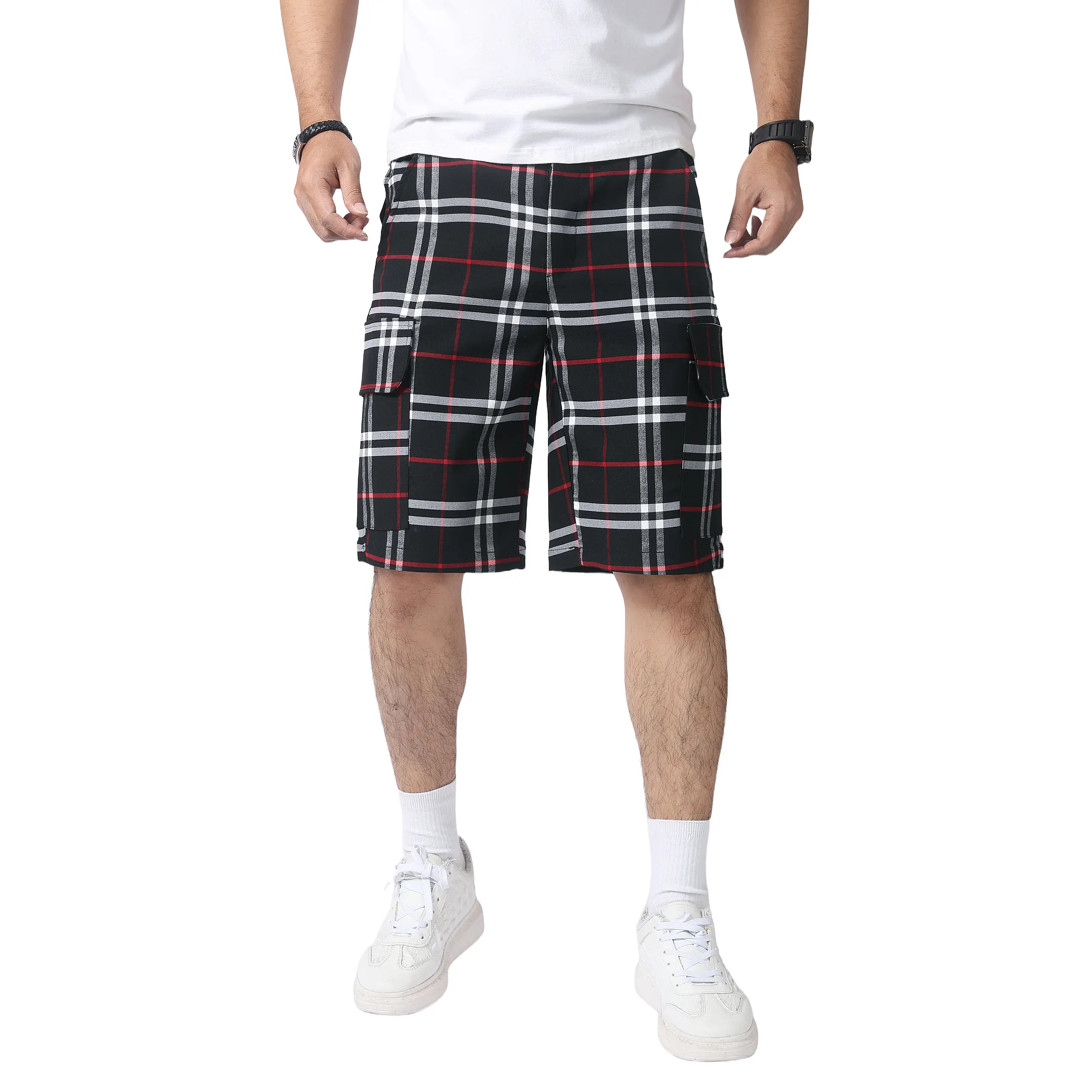 JUNBAOSS Men's Relaxed Fit Plaid Cargo Shorts - Breathable Multi-Pocket Utility Work Shorts for Summer (Black Plaid, Red-White Checkered), Breathable Pocket Shorts, Plaid Shorts 2026 fashion