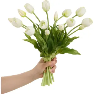 15 Pcs White Tulips Artificial Flowers Faux Tulips Real Touch Latex Fake Flower Bouquet for Spring Wedding Home Décor Centerpiece Arrangements