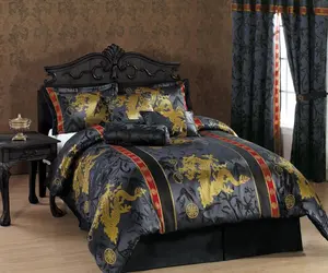 CHEZMOI COLLECTION Palace Dragon Jacquard Woven Comforter Set King Size 7-Piece Set in Black Gold Red Intricate Oriental Design