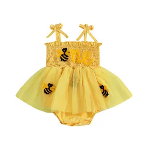 First Birthday Outfit Newborn Baby Girl Cute Sleeveless Halter Bees Embroidery Smocked Tulle Tutu Skirt Hem Romper Dresses With Headband