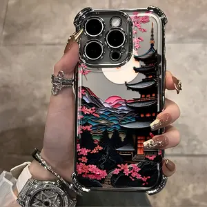 Artistic Cherry Blossom Clock Tower Scenery Phone Case Suitable for iPhone 16/15/14/13/12/11,E, Pro Max, Plus Electroplated Anti-Drop Transparent Soft Back Cover