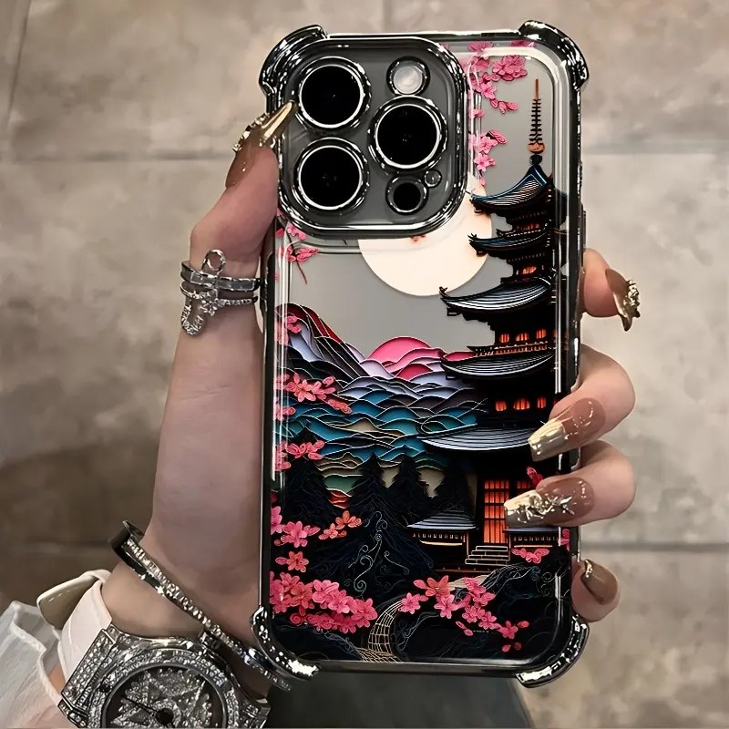 Artistic Cherry Blossom Clock Tower Scenery Smartphone Case, Lightweight TPU Handheld Casing with Shockproof Electroplated Anti-Drop Transparent Soft Back Protection for iPhone 17-11 Pro Max Plus, Samsung Galaxy S26-S22 Ultra (Fits iPhone 14)