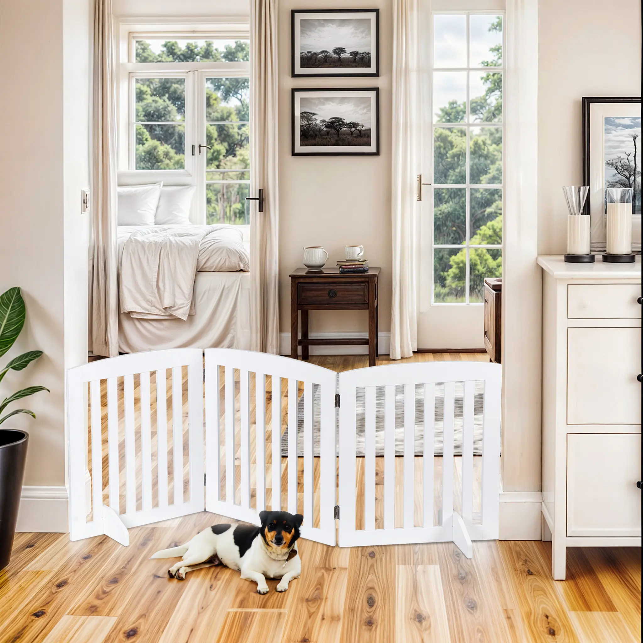 Pet Republic Wall Safe 24-In 3-Panel Folding Dog Gate with Support Leg, Home Accessory for Home Doorways, Stairs, White