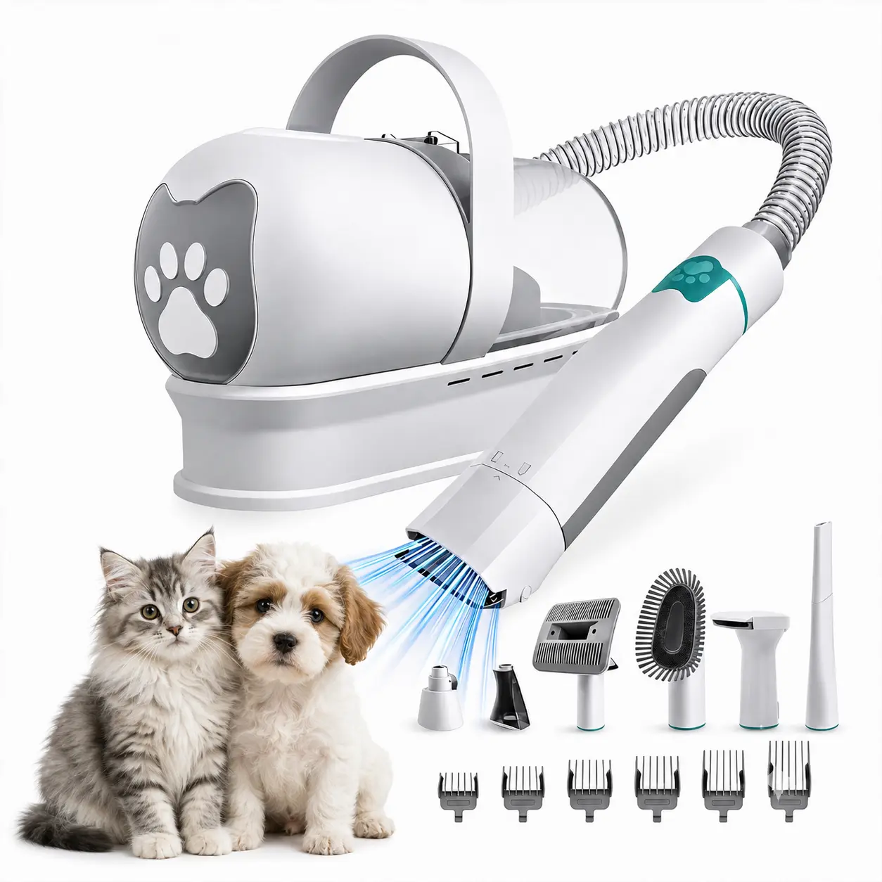 7-in-1 Universal Pet Grooming Vacuum Kit for Dogs, Cats & Rabbits - Clean, Deshedding Mitts, Detangling Brush, Rollers, Paw Trimmer, Power Supply for Hair Removal & Shedding Control, Grooming Clippers