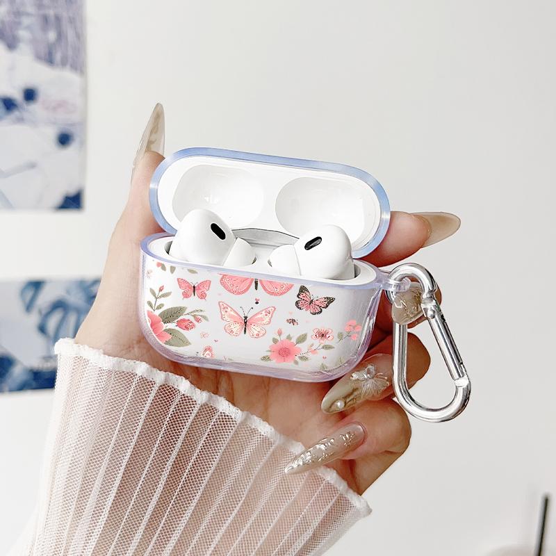 Butterfly Floral Dream Pattern TPU Soft Protective Case for Apple AirPods 4/3/2/1/Pro/Pro2 Transparent Earphone Cover with Keychain Attachment