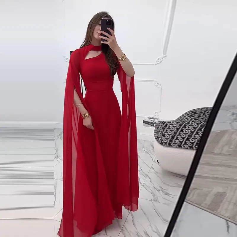 Women's Elegant Flare Sleeve Formal Evening Gowns Maxi Dress with Cape