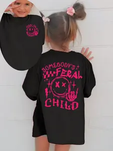 Toddler Girls Somebody's Feral Child Graphic T-Shirt, Retro Pink Skeleton Hand Smiley Face Short Sleeve Cotton Tee for Kids, Casual Streetwear Shirt for Little Girls