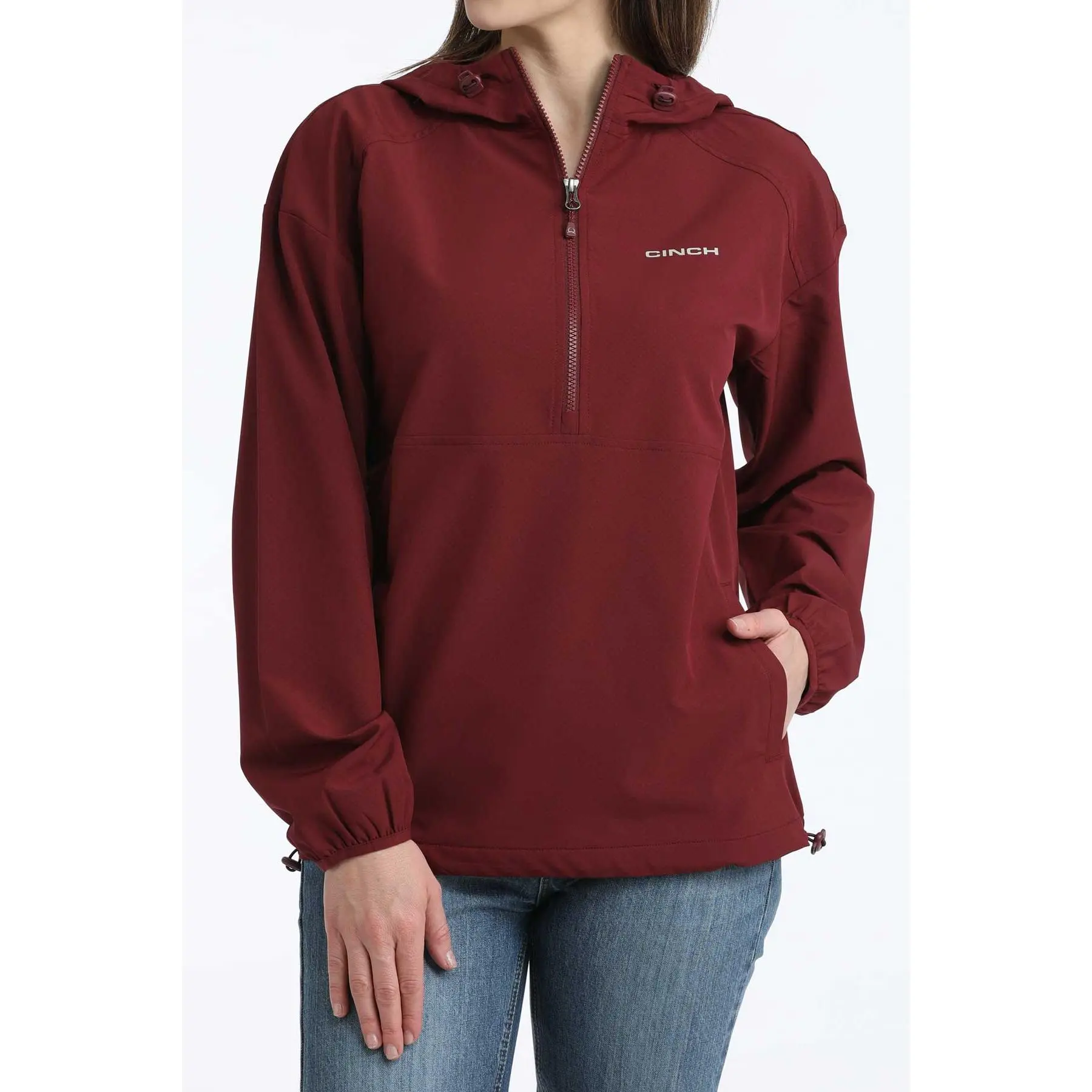 Women's Lightweight 4-Way Stretch Burgundy Half-Zip Hoodie Windbreaker Clothes - Longsleeves, Adjustable Hood, Pockets, Polyester-Spandex, Regular Fit, Elastic, Comfortable, Ranch/Barn Everyday Style