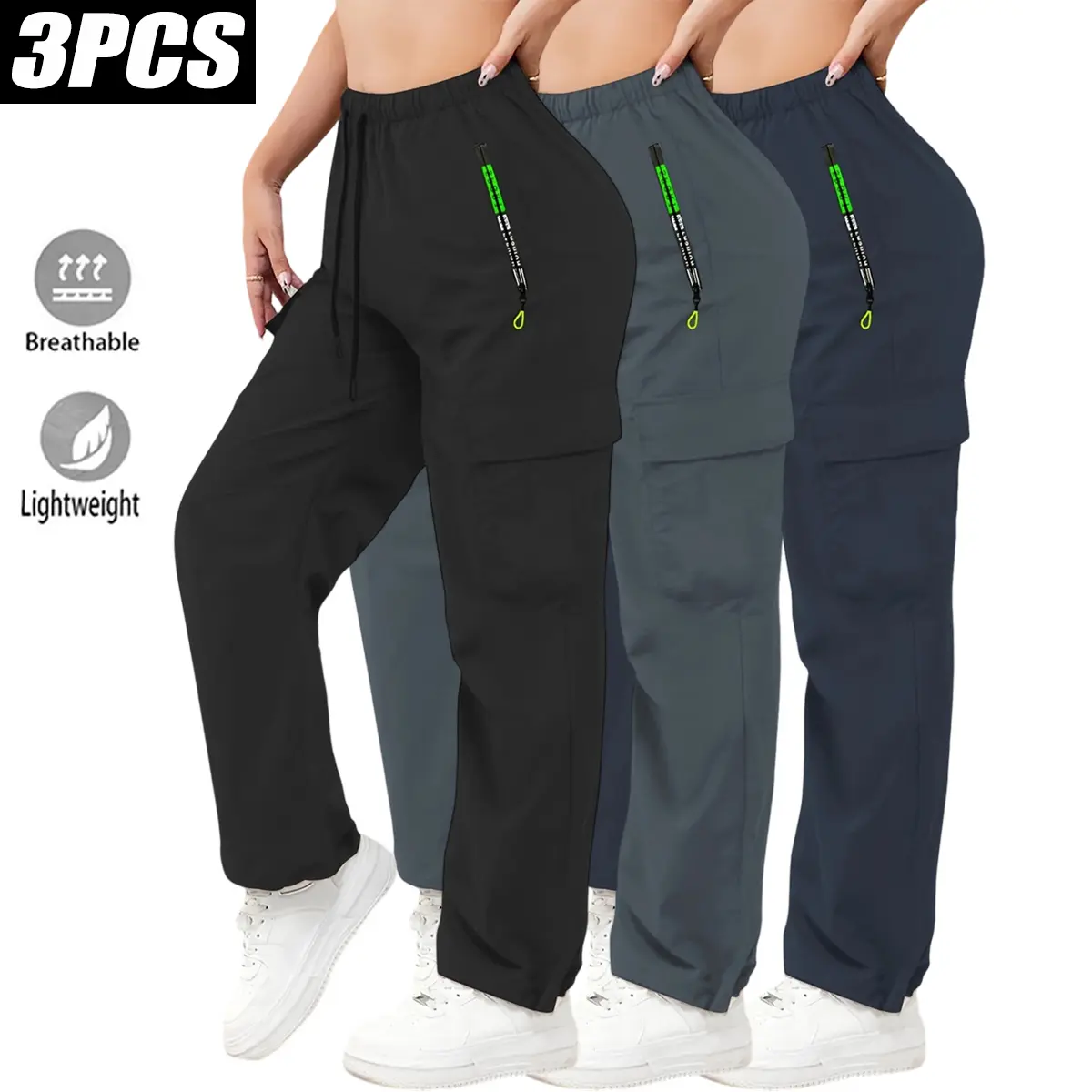 Women's 3-Pack Drawstring Cargo Pants, Mid-Waist Slim-Fitting Tactical Trousers with Large Multi-Pockets, All-Seasons Durable Machine-Washable Activewear Fabric, Fitted