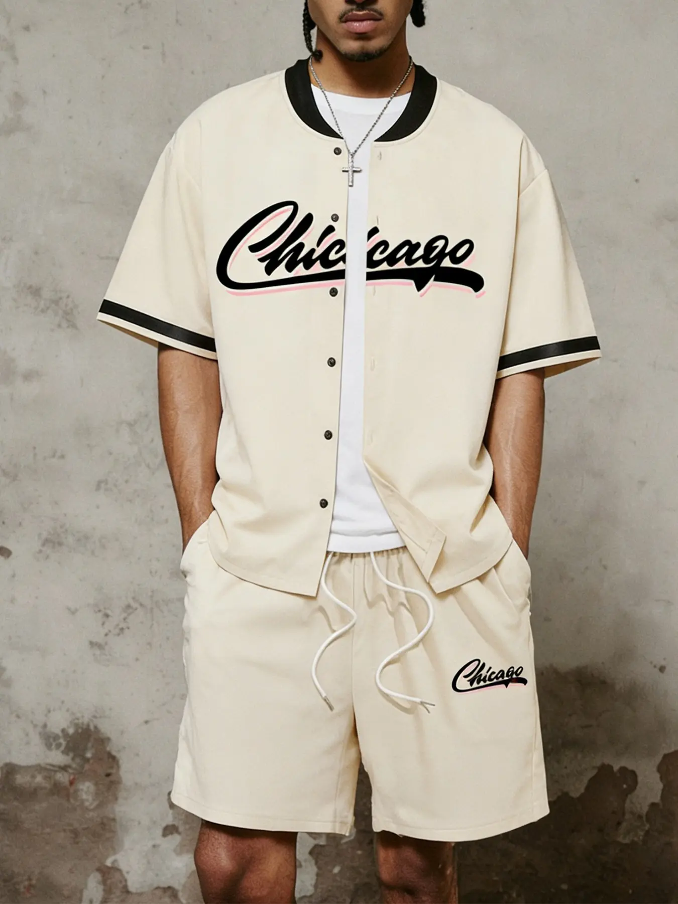 2-Piece Men's Outfit: Chicago Print Short Sleeve Shirt and Matching Drawstring Shorts, Retro Sports Streetwear, Sporty Casual Set, Menswear, Soft  Casual Summer Style and Daily Wear, Relaxed Fit, Baggy, Loose, Clothes