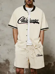 2-Piece Men's Outfit: Chicago Print Short Sleeve Shirt and Matching Drawstring Shorts, Retro Sports Streetwear, Menswear, Soft  Casual Summer Style and Daily Wear