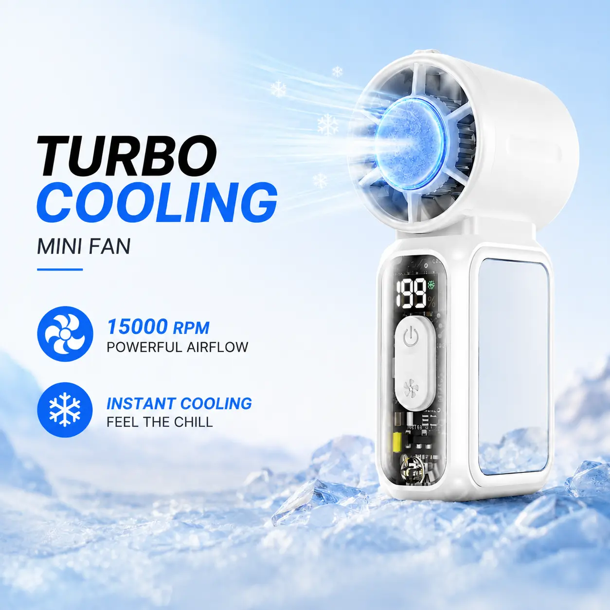 2-in-1 Portable Handheld Cooling Fan with Makeup Mirror, Semiconductor Cooling Technology, 15000RPM Turbo Airflow, 199 Adjustable Speeds, 5000mAh Rechargeable Mini Fan for Office Work, Outdoor Travel & Hot Weather Relief,Mini Fan
