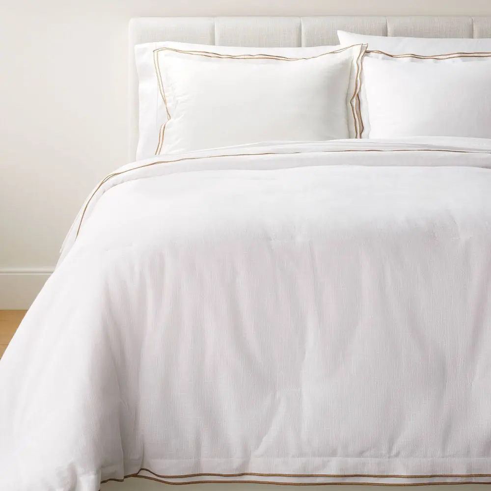 King Double Flange Merrow Stitch Comforter & Sham Set - White/Camel, Cotton Quilted, Threshold Designed with Studio McGee, Bedding Set Collection, Comforter Set
