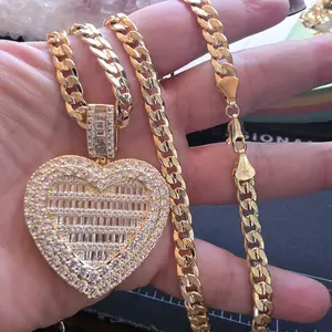 Heart beautiful necklace Cuban link style gold-plated 2 ½inches pendant multi-stones 24"inches