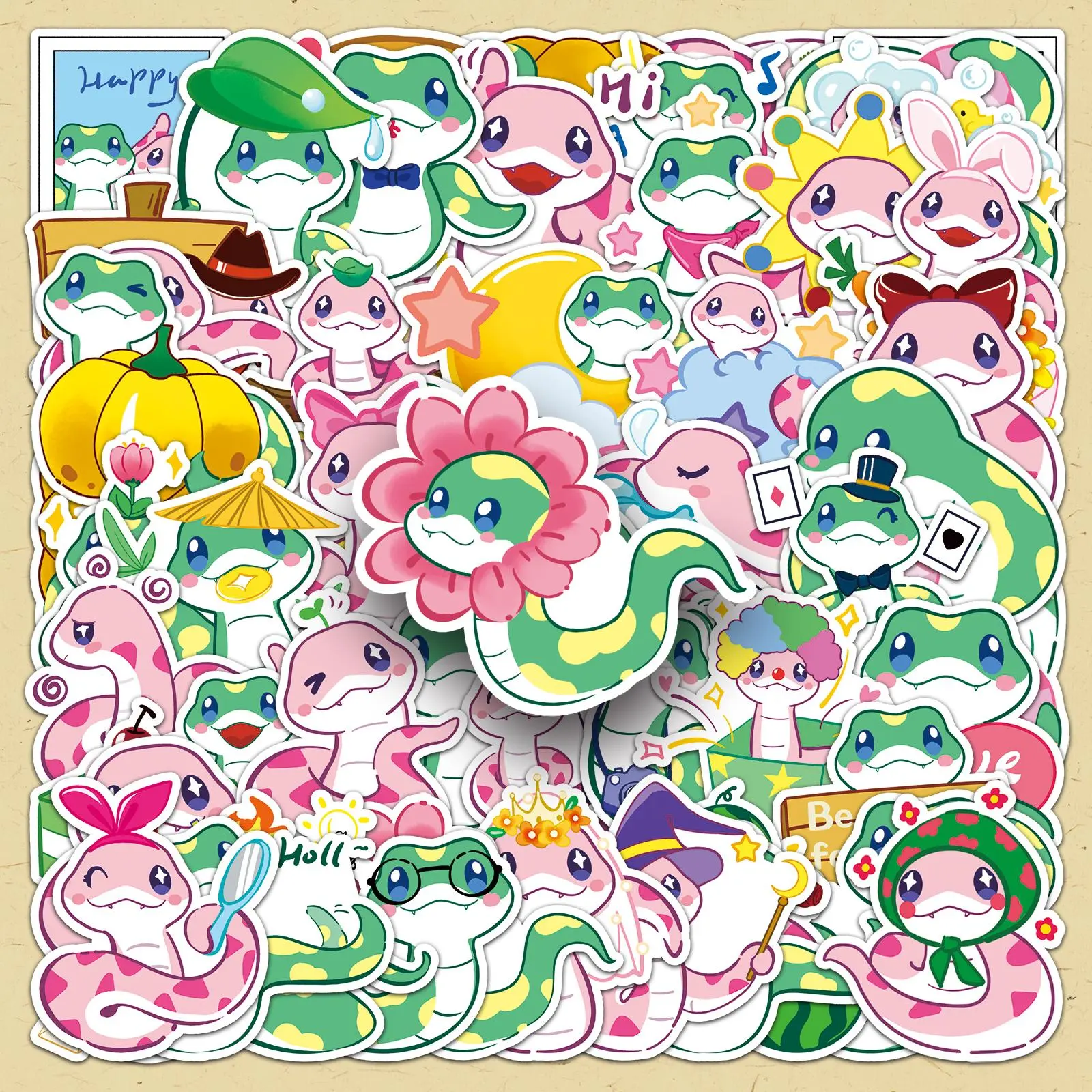 Cartoon Snake Baby Pattern Sticker, 100pcs/set Cute Cartoon Snake Sticker, DIY Decorative Sticker for Phone Case, Computer, Guitar, Bag, Water Cup, Scrapbook