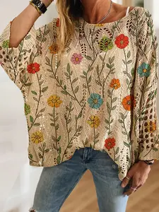 Women's Floral Print Knit Top, Casual Elegant Chic Vacation Style, Comfortable Breathable Loose Fit, Batwing Shoulder Design, Spring Summer Fall Fashion