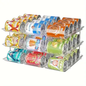 3 Tier Can Storage Rack for Kitchen Fridge 36 Cans Capacity Auto Rolling Stackable Transparent Plastic Beverage Organizer