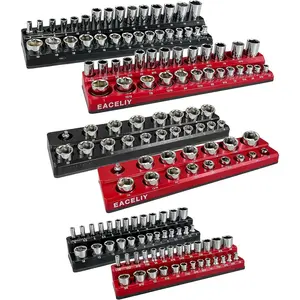 6-Piece Magnetic Socket Organizer Set, 1/2", 1/4" and 3/8" SAE & Metric Deep & Shallow Socket Holder Kit, holds 141 stanard Sockets, attaches to steel box/tool cart (sockets not included)