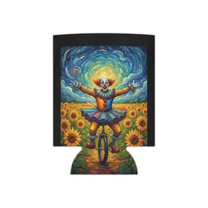 Clown on a Unicycle in a Sunflower Field - Can Cooler | Circus Art | Gift