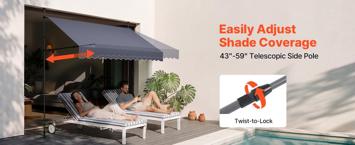 VEVOR Manual Retractable Awning, 98" Outdoor Retractable Patio Awning Sunshade Shelter, Height Adjustable Patio Door Window Canopy with Manual Crank Handle for Backyard, Garden, Balcony, Dark Gray