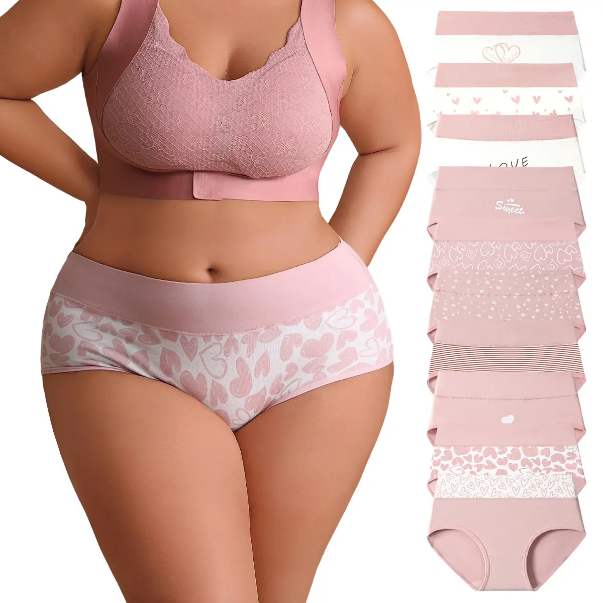 Hotcom Women's Cotton Lingerie Panties - 10-Pack CuteLove Print Briefs, Stretchy Waistband, Double-Layer Crotch, Soft Breathable Fabric, Plus Size Comfortable Underwear for Women summerwins,summerwins
