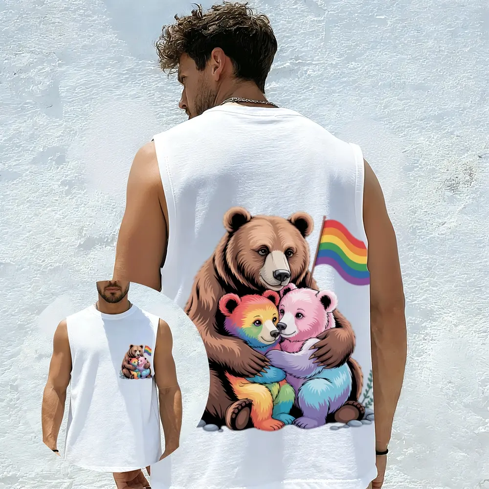 Men's LGBTQ+ Pride Bear Family Graphic Sleeveless Tank Top, Rainbow Flag Bear Hug Print Casual Muscle Shirt, Front & Back Logo Breathable Cotton Sleeveless Tee, Pride Month Parade Apparel, Unique Gift for LGBTQ+ Allies & Bear Community