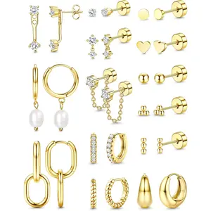 FLORIDECO 14-Pair Unisex Gold & Silver Stud Earrings Set - Hypoallergenic Stainless Steel, Daily Pearl Accents, Zircon, Lightweight Stackable Cartilage Huggie Hoop Earrings Gold
