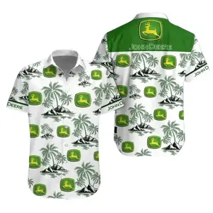 Vintage John Deere IH Classic Logo Tropical Fern Men's Hawaiian Shirt and Short Set Light Beer Lovers Swim Trunks, Father's Day Aloha Gift for Him, Trendy Casual Breathable Surfing Beach Shorts Swimwear Menswear