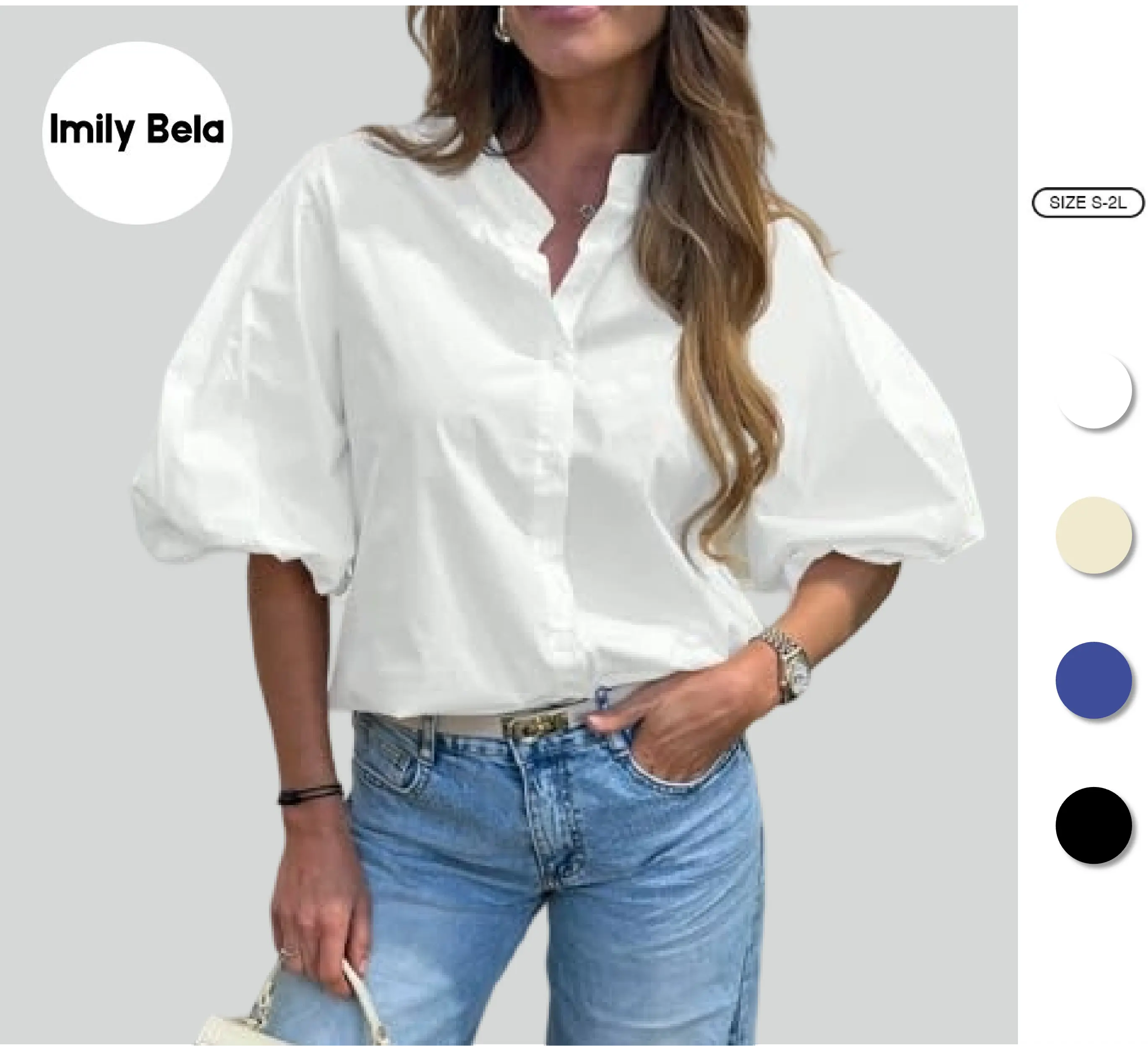 Imily Bela Womens Half Puff Sleeve Button Down Shirts Cotton Loose Fit Tops Summer Dressy Casual Blouses