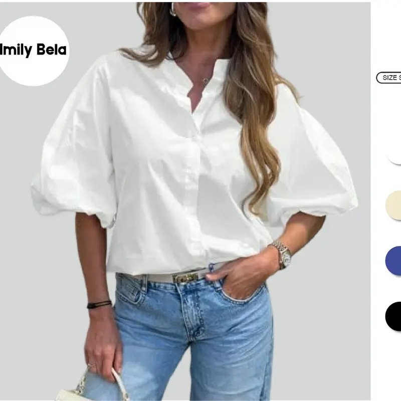 Imily Bela Womens Half Puff Sleeve Button Down Shirts Cotton Loose Fit Tops Summer Dressy Casual Blouses