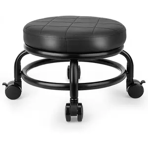 PU Leather Round Low Height Rolling Stool Seat - Small Foot Stool Chair for Home Office Garage Shop (Black)