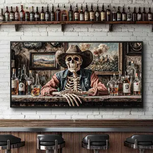 Vintage Skeleton Cowboy Bar Poster, Funny Western Wall Art for Home Bar, Pub, Saloon & Man Cave Decor, Skeleton Bartender Whiskey Print Rustic Style