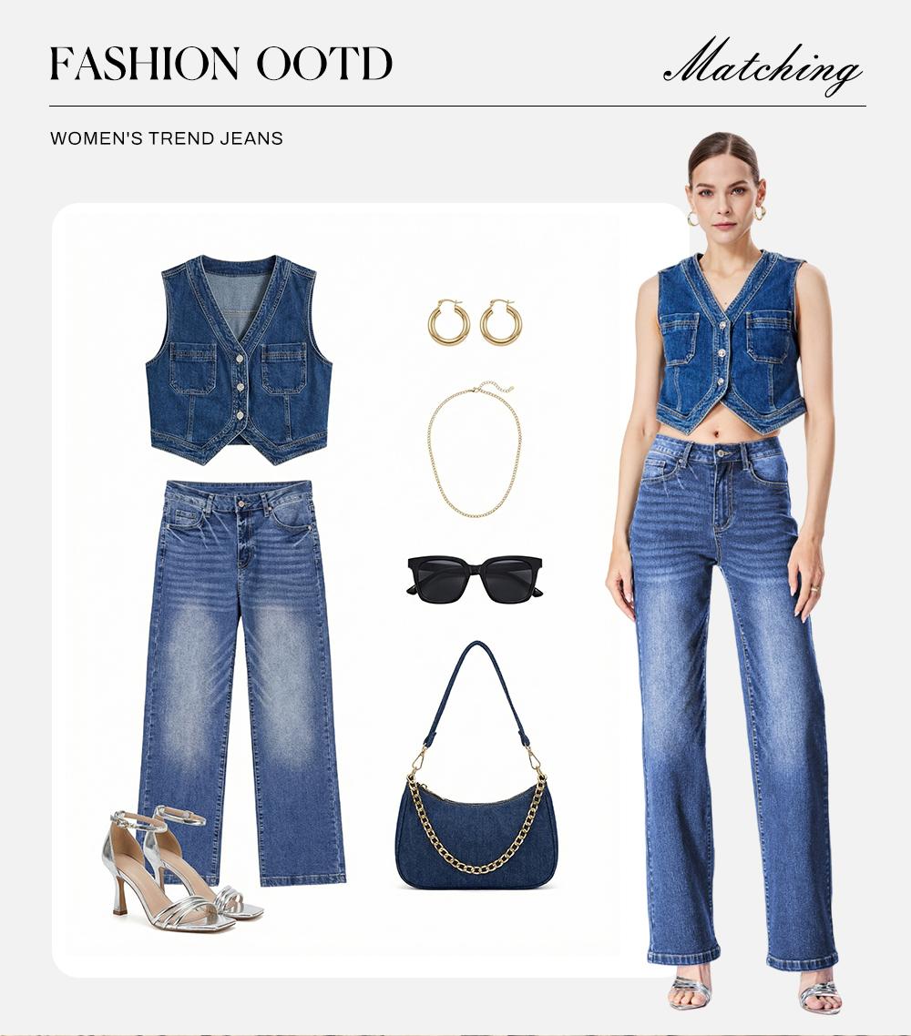 Sidefeel Women's Wide Leg Jeans Casual High Waisted Straight Zimbaplatinum Denim Pants with Pockets