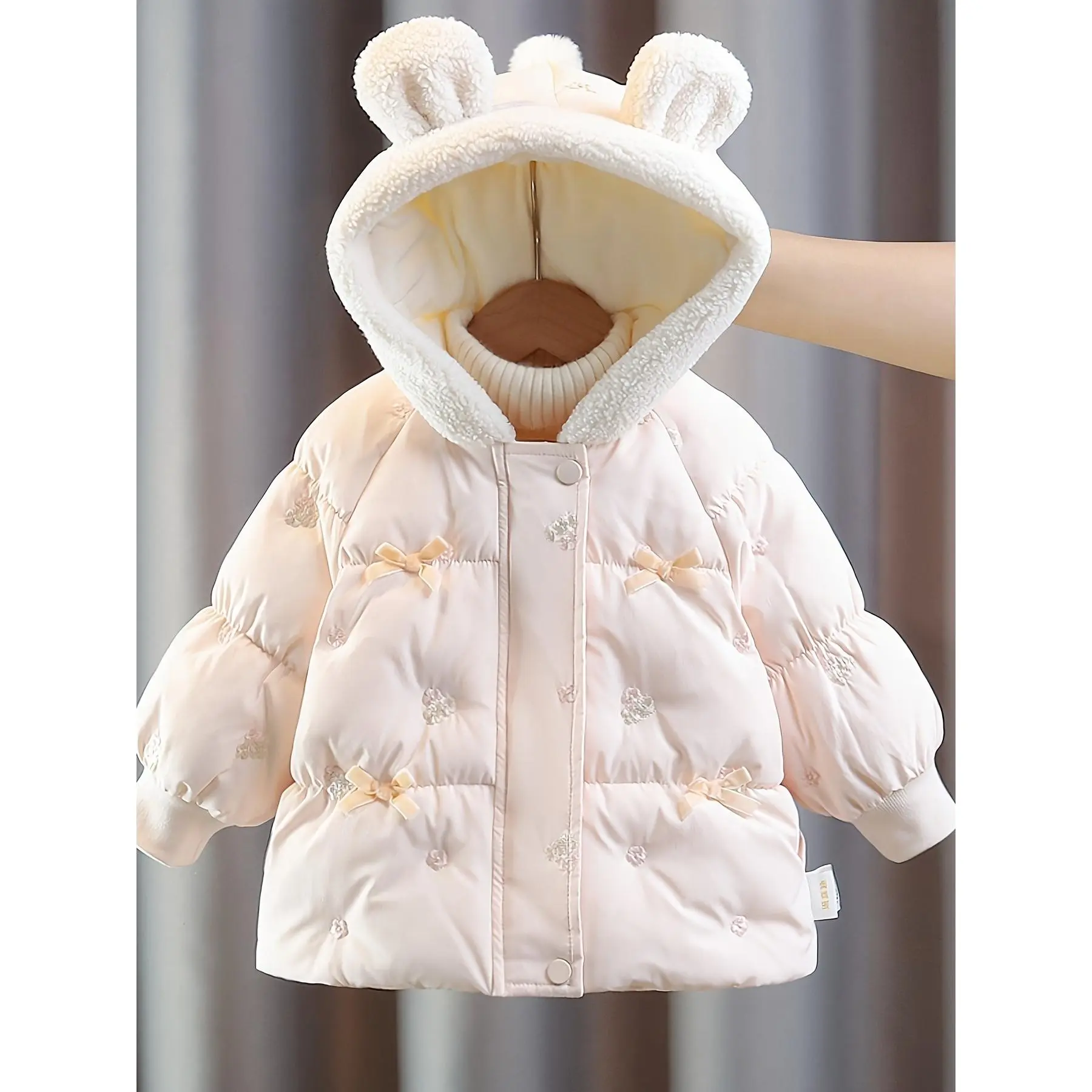 NewNew Winter Coat for Baby Girls, Thickened Padded Coat with Faux Fur Lining, Cute Pink Floral Ball Decor Padded Coat for Toddlers
