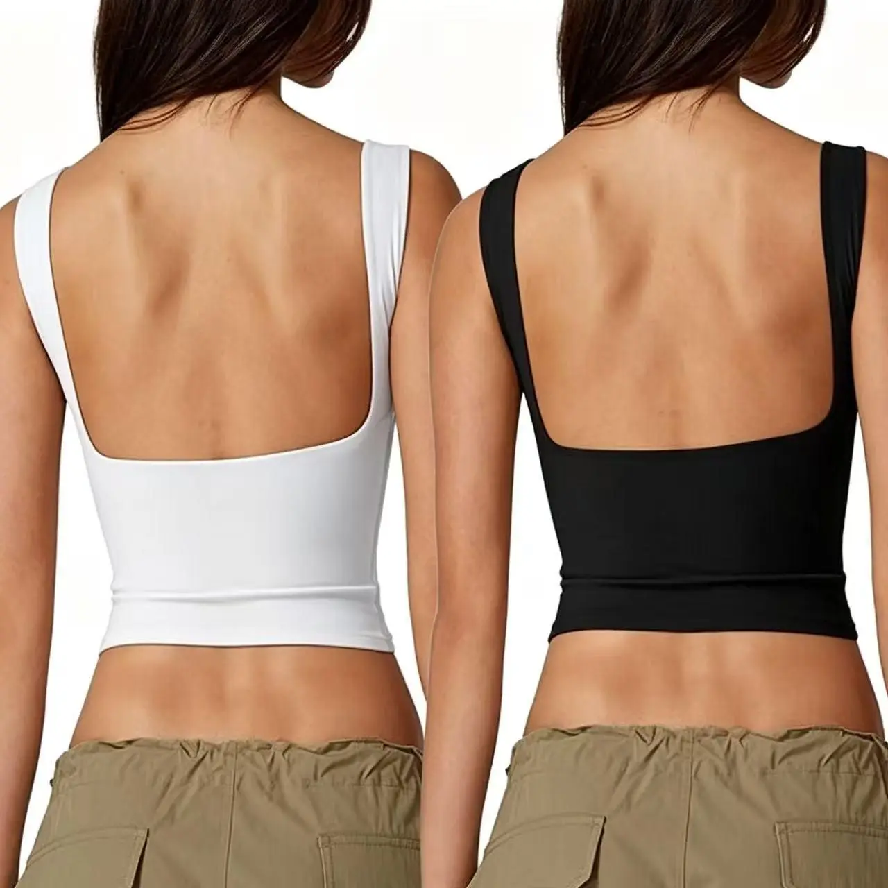 【2 Pieces】QINSEN Women's Sexy Open Back Sleeveless Crop Tank High Neck Slim Fit Cropped Tee Shirt Y2k Tops Comfort Fabric Womenswear Basic