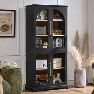72" Tall Bookshelf with 4 Curved Glass Doors, Farmhouse Bookcase with 3-Tier Adjustable Shelves, Modern Living Room Display Cabinet, Large Storage Cabinet for Home Office,Dining Room LED Lighted Charging Dresser