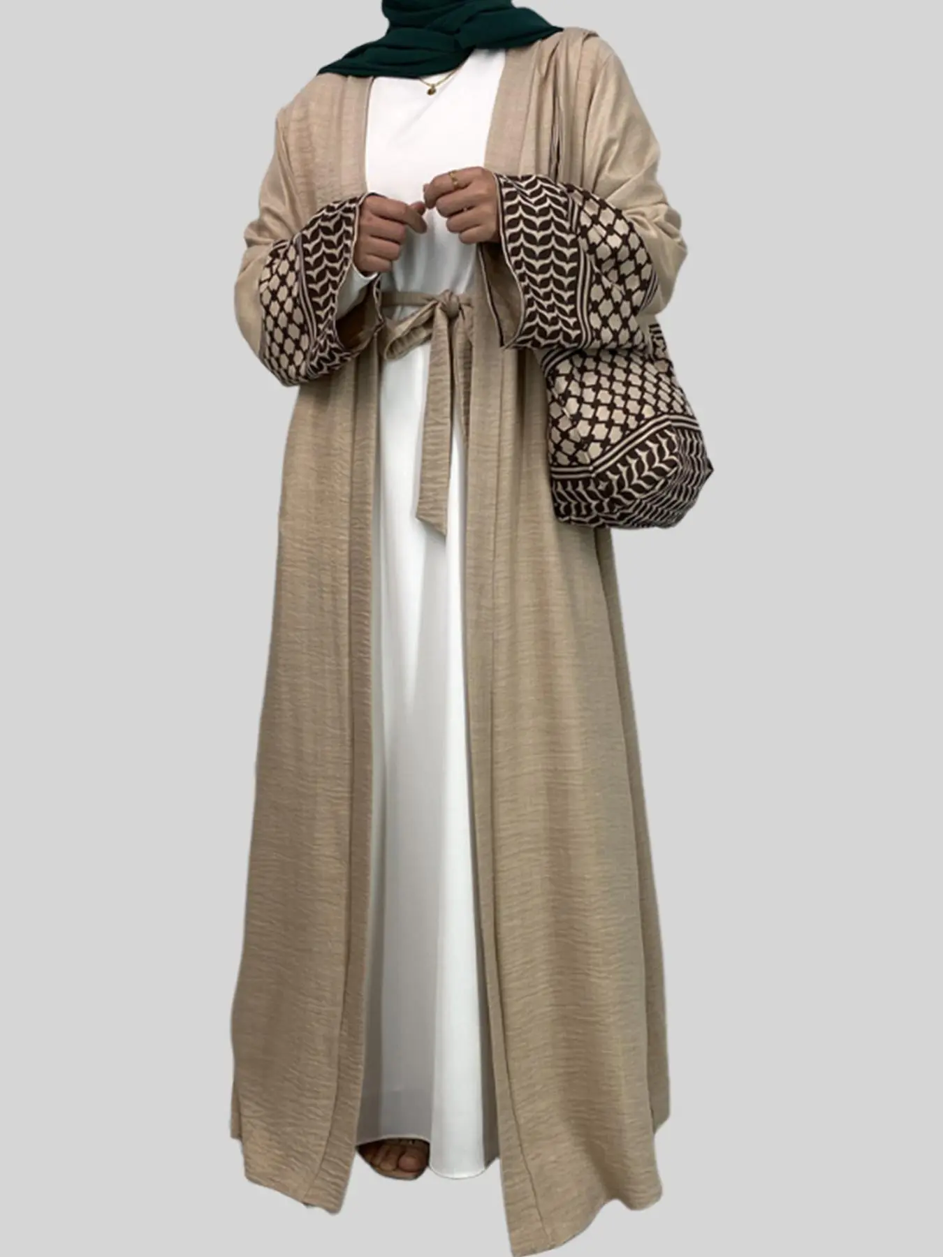 Women's Solid Color Long Sleeve & Geometric Pattern Tote Bag, Modest Casual Round Neck Long Dress & Handbag Set for Spring & Fall, Women's Islamic Muslim Clothing for Daily Wear, Belted Round Neck Abaya Hijab Set
