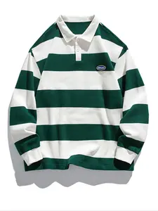 Gen Z Men's Striped Polo Shirt, Comfortable Loose-Fit Preppy Style, Perfect for Spring & Fall, Ideal for School & Outdoor Activities