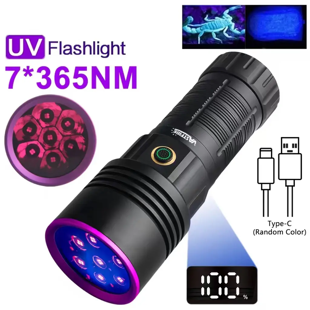 140W USB Rechargeable UV Flashlight - 7×365nm Black Light, 6600mAh Battery, for Pet Urine Detection, Camping