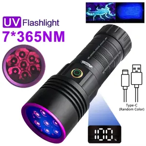 140W USB Rechargeable UV Flashlight - 7×365nm Black Light, 6600mAh Battery, for Pet Urine Detection, Camping