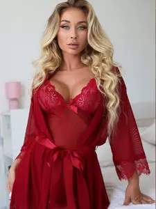 Women's 3-Piece Sexy Lingerie Set Sheer Lace Camisole Nightgown Seductive Sling Sleepwear Red Christmas Edition Trim Backless Sleep Dress Wrap Around Pajamas Bodysuit Teddy fake bear cup comfy sexy pjs Velvet Santa Costume with Cape camiset vibes polkadot