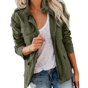 Womens Military Anorak Jacket Zip Up Snap Button Parka Safari Utility Coat Outwear with Pockets Tops Casual