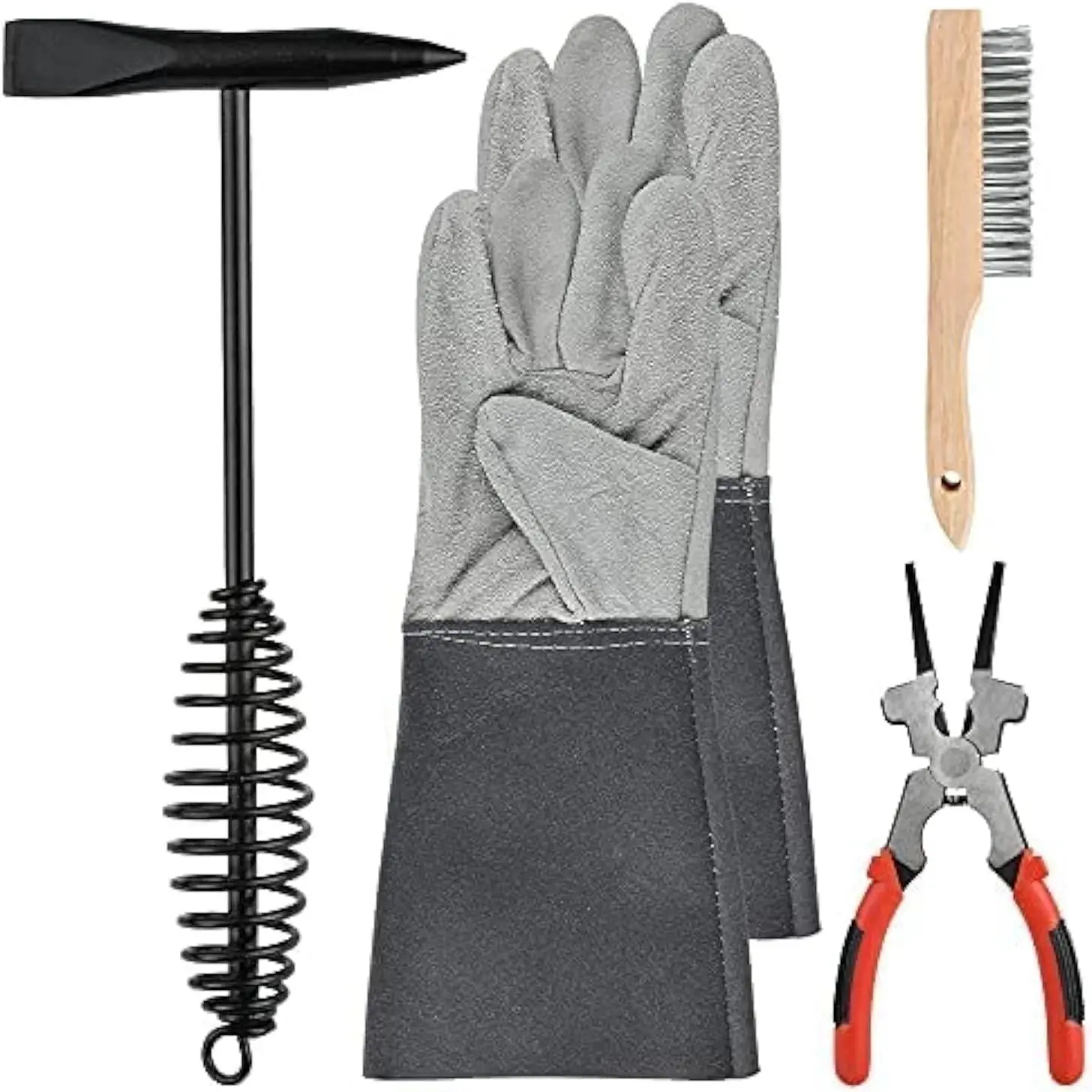Welding Enthusiasts' 4-Piece Stainless Steel Welding Slag Removal Tool Set - 10-in Chipping Hammer with Coil Spring Handle, Steel Multi-Functional Pliers, Wire Brush, Quick-to-Clean Pair of Protective Gloves, 10 Inch