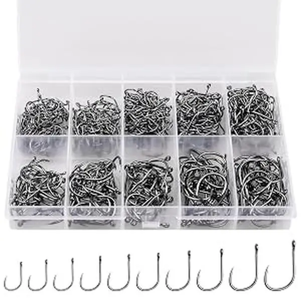 ReeMoo Premium Fishing Hooks 500PCS/12PCS, 10 Sizes Carbon Steel Hooks W/Portable Box, Strong Sharp Barbs for Freshwater/Seawater Fishing