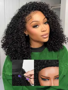 Kinky Curly Half Wig Human Hair 200 Density Glueless Wigs Upgrade 3 IN 1 Half Wig With Drawstring Seamless Clip Ins Flip Over Half Wigs Glueless Headband Wig Beginner Friendly Natural Color 18Inch