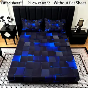 3PCS Cyberpunk Geometric Cube fitted Sheet Set (1 fitted Sheet + 2 Pillowcases without Pillows), Home Dormitory High-Definition Digital Printing, Creating a Trendy E-sports Feeling Bedroom, Unlocking Futuristic Style