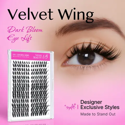 VEYESBEAUTY Velvet Wing Reusable PBT Fiber Cluster Eyelashes Kit - 0.03mm Ultra-thin Invisible Bond Self-Adhesive Pre-made False Eyelashes & Adhesives Accessories Kit for Adults’ Fox Glamour Eye Makeup