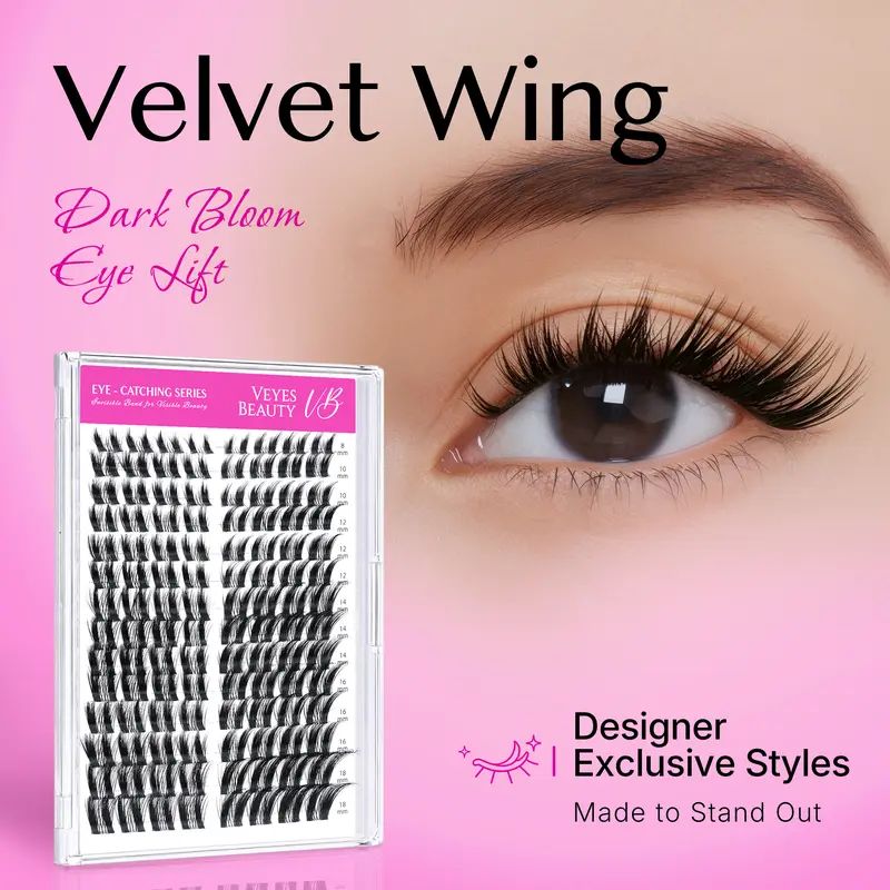 VEYESBEAUTY Velvet Wing Reusable PBT Fiber Cluster Eyelashes Kit - 0.03mm Ultra-thin Invisible Bond Self-Adhesive Pre-made False Eyelashes & Adhesives Accessories Kit for Adults’ Fox Glamour Eye Makeup