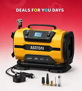 AstroAI Portable Tire Inflator, 150PSI,  12 V DC/120 V AC Dual Power, with Dual Metal Motors & LED Light,Yellow Tool Car Air Compressor, Quick Fill Inflator, Tire Inflation Tool
